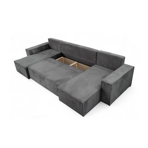 Canapé D'angle Farah Panoramique Convertible 6 Places En Velours Côtelé - Gris Foncé