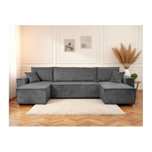 Canapé D'angle Farah Panoramique Convertible 6 Places En Velours Côtelé - Gris Foncé
