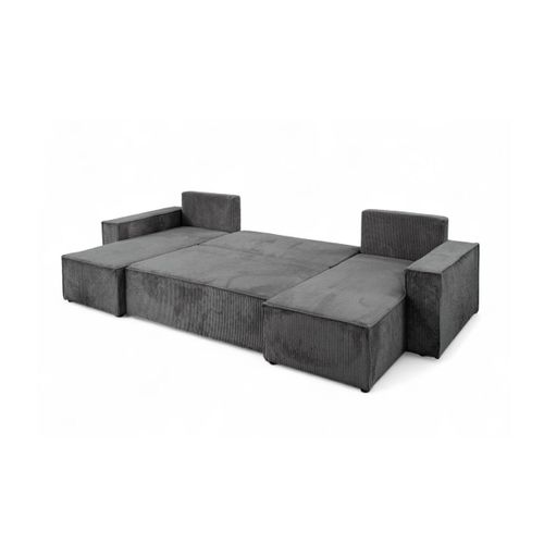 Canapé D'angle Farah Panoramique Convertible 6 Places En Velours Côtelé - Gris Foncé
