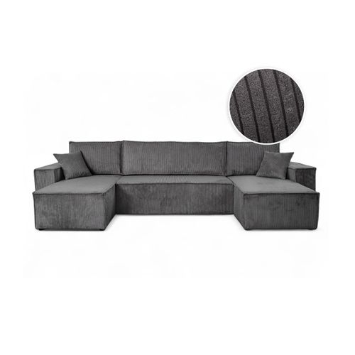 Canapé D'angle Farah Panoramique Convertible 6 Places En Velours Côtelé - Gris Foncé