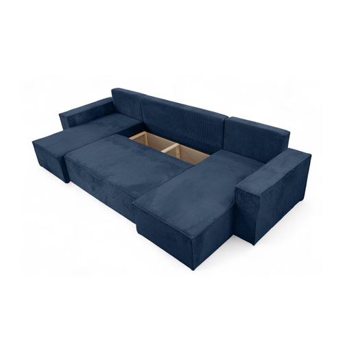 Canapé D'angle Farah Panoramique Convertible 6 Places En Velours Côtelé - Bleu Foncé