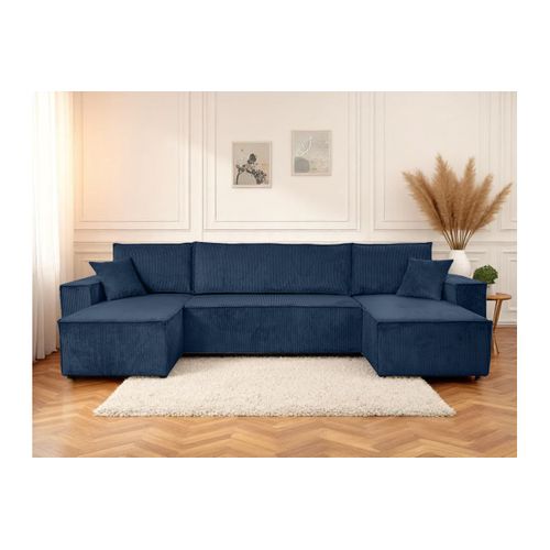 Canapé D'angle Farah Panoramique Convertible 6 Places En Velours Côtelé - Bleu Foncé