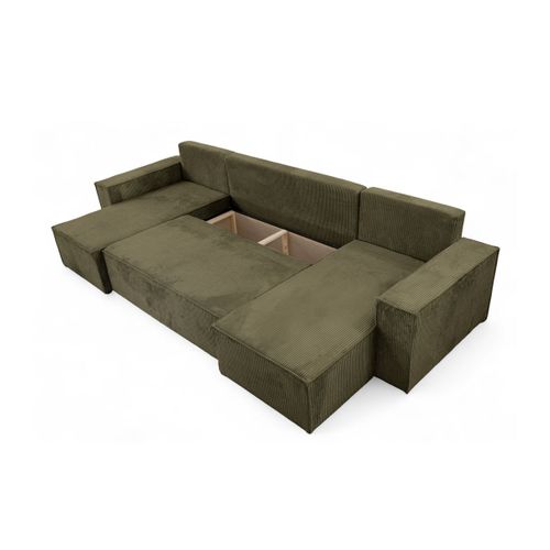 Canapé D'angle Farah Panoramique Convertible 6 Places En Velours Côtelé - Vert Kaki