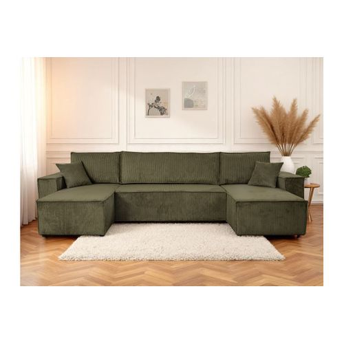Canapé D'angle Farah Panoramique Convertible 6 Places En Velours Côtelé - Vert Kaki