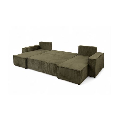 Canapé D'angle Farah Panoramique Convertible 6 Places En Velours Côtelé - Vert Kaki