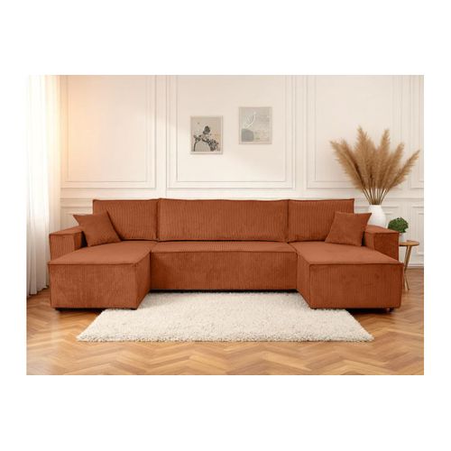 Canapé D'angle Farah Panoramique Convertible 6 Places En Velours Côtelé - Terracotta