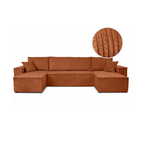 Canapé D'angle Farah Panoramique Convertible 6 Places En Velours Côtelé - Terracotta