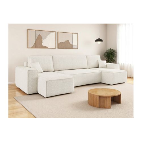 Canapé D'angle Farah Panoramique Convertible 6 Places En Tissu Bouclette - Blanc