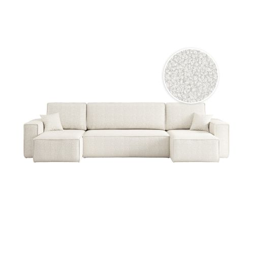 Canapé D'angle Farah Panoramique Convertible 6 Places En Tissu Bouclette - Blanc