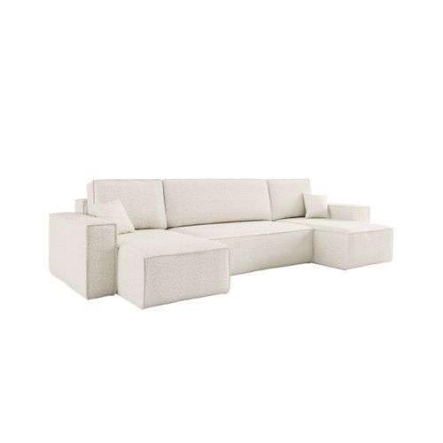 Canapé D'angle Farah Panoramique Convertible 6 Places En Tissu Bouclette - Blanc