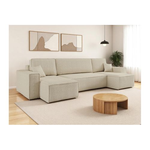 Canapé D'angle Farah Panoramique Convertible 6 Places En Tissu Bouclette - Beige