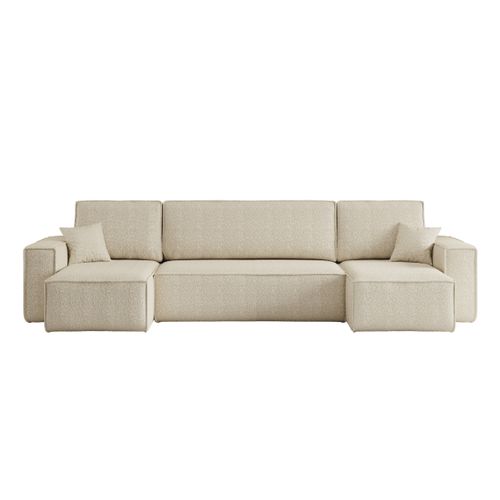 Canapé D'angle Farah Panoramique Convertible 6 Places En Tissu Bouclette - Beige