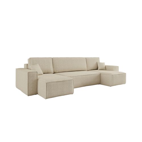 Canapé D'angle Farah Panoramique Convertible 6 Places En Tissu Bouclette - Beige