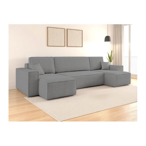 Canapé D'angle Farah Panoramique Convertible 6 Places En Tissu Bouclette - Gris Foncé