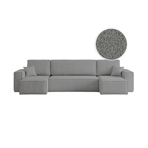 Canapé D'angle Farah Panoramique Convertible 6 Places En Tissu Bouclette - Gris Foncé
