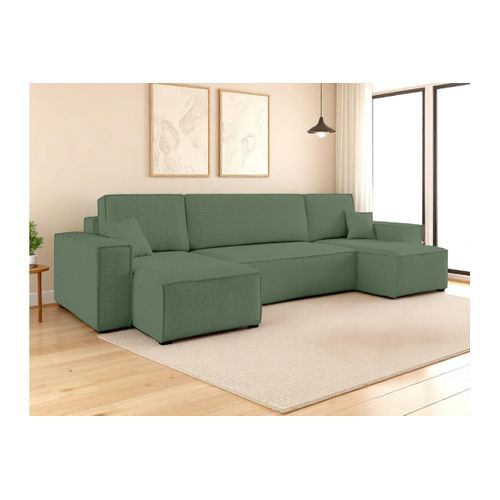 Canapé D'angle Farah Panoramique Convertible 6 Places En Tissu Bouclette - Vert Foncé