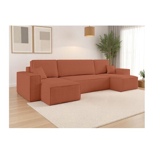 Canapé D'angle Farah Panoramique Convertible 6 Places En Tissu Bouclette - Terracotta