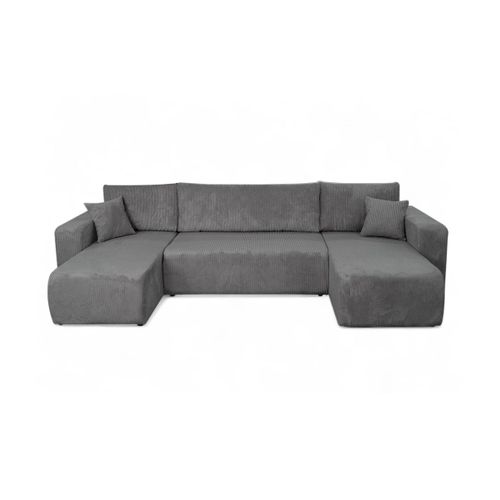 Canapé D'angle Alya Panoramique Convertible 6 Places En Velours Cotelé - Gris