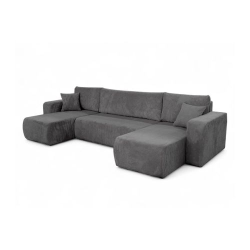 Canapé D'angle Alya Panoramique Convertible 6 Places En Velours Cotelé - Gris