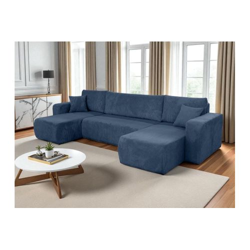 Canapé D'angle Alya Panoramique Convertible 6 Places En Velours Cotelé - Bleu