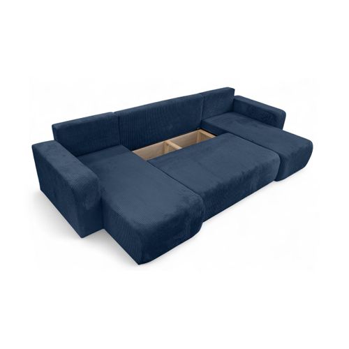 Canapé D'angle Alya Panoramique Convertible 6 Places En Velours Cotelé - Bleu