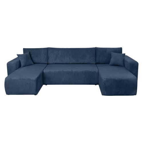 Canapé D'angle Alya Panoramique Convertible 6 Places En Velours Cotelé - Bleu