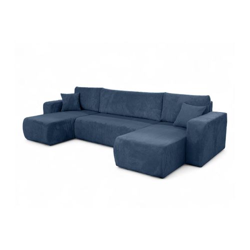 Canapé D'angle Alya Panoramique Convertible 6 Places En Velours Cotelé - Bleu