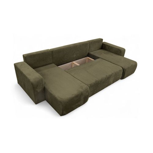 Canapé D'angle Alya Panoramique Convertible 6 Places En Velours Cotelé - Vert