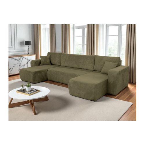 Canapé D'angle Alya Panoramique Convertible 6 Places En Velours Cotelé - Vert