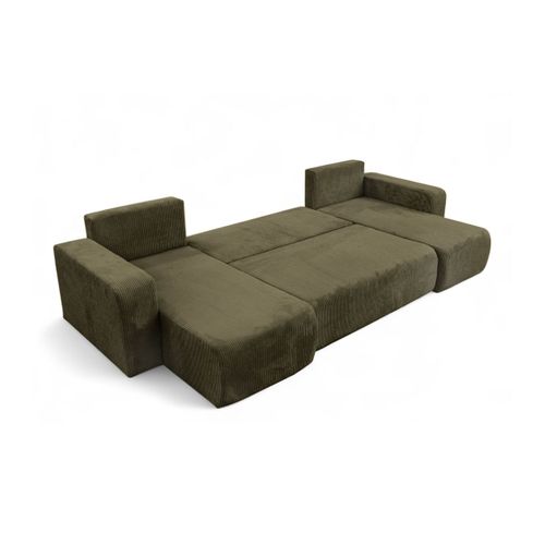 Canapé D'angle Alya Panoramique Convertible 6 Places En Velours Cotelé - Vert