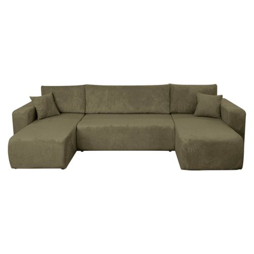 Canapé D'angle Alya Panoramique Convertible 6 Places En Velours Cotelé - Vert