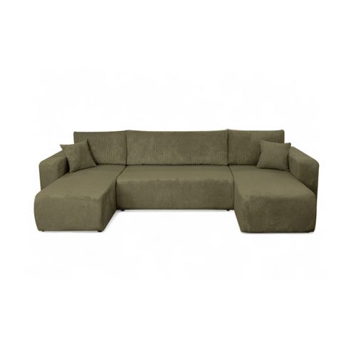 Canapé D'angle Alya Panoramique Convertible 6 Places En Velours Cotelé - Vert