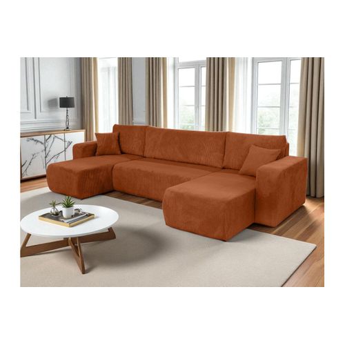 Canapé D'angle Alya Panoramique Convertible 6 Places En Velours Cotelé - Terracotta