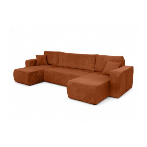 Canapé D'angle Alya Panoramique Convertible 6 Places En Velours Cotelé - Terracotta