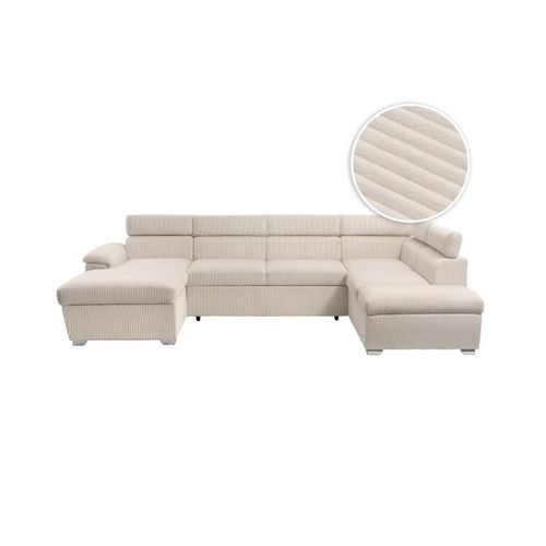 Canapé Panoramique Paola 6 Places Convertible Avec 2 Coffres En Velours Côtelé Beige