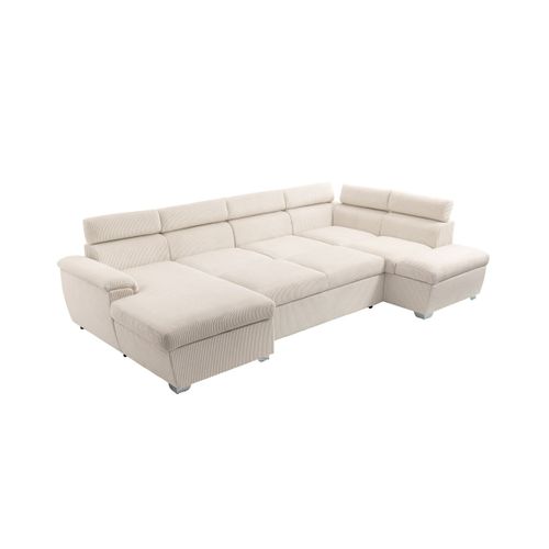 Canapé Panoramique Paola 6 Places Convertible Avec 2 Coffres En Velours Côtelé Beige