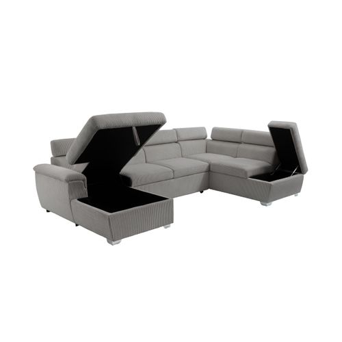 Canapé Panoramique Paola 6 Places Convertible Avec 2 Coffres En Velours Côtelé Gris