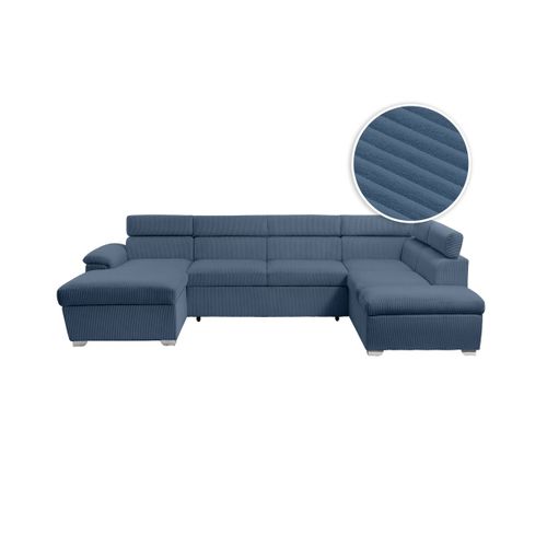 Canapé Panoramique Paola 6 Places Convertible Avec 2 Coffres En Velours Côtelé Bleu