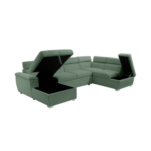 Canapé Panoramique Paola 6 Places Convertible Avec 2 Coffres En Velours Côtelé Vert