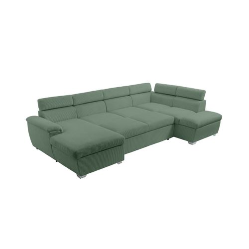 Canapé Panoramique Paola 6 Places Convertible Avec 2 Coffres En Velours Côtelé Vert