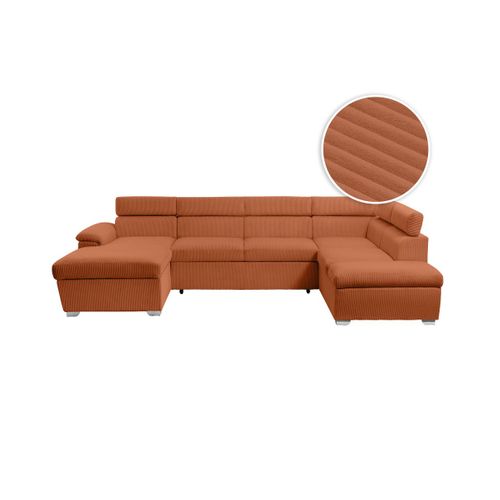 Canapé Panoramique Paola 6 Places Convertible Avec 2 Coffres En Velours Côtelé Terracotta