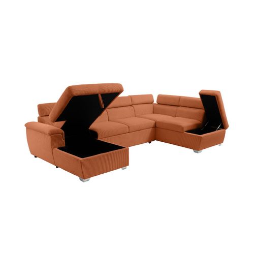 Canapé Panoramique Paola 6 Places Convertible Avec 2 Coffres En Velours Côtelé Terracotta