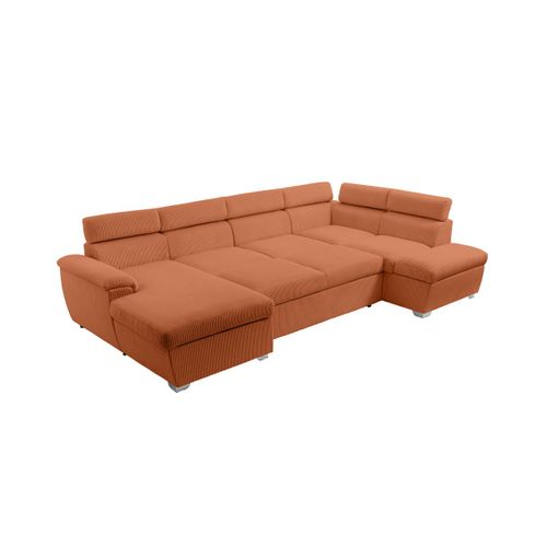 Canapé Panoramique Paola 6 Places Convertible Avec 2 Coffres En Velours Côtelé Terracotta