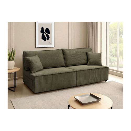 Canapé Convertible 3 Places Fiona Sans Accoudoirs Coffre De Rangement Velours Côtelé - Vert Kaki