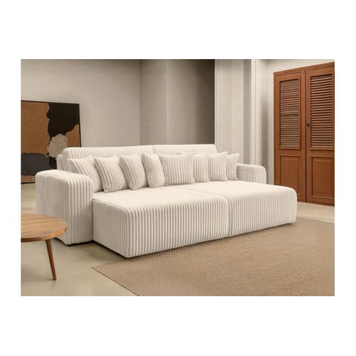 Canapé Droit 4 Places Jade Double Méridienne Et Assise Profonde En Velours Côtelé Épais - Beige