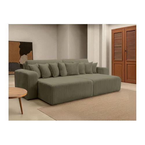 Canapé Droit 4 Places Jade Double Méridienne Et Assise Profonde En Velours Côtelé Épais - Vert Kaki