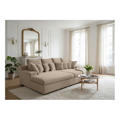 Canapé Droit 4 Places Fluffy Double Méridienne Et Assise Profonde En Velours Côtelé - Taupe