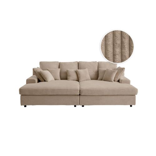 Canapé Droit 4 Places Fluffy Double Méridienne Et Assise Profonde En Velours Côtelé - Taupe