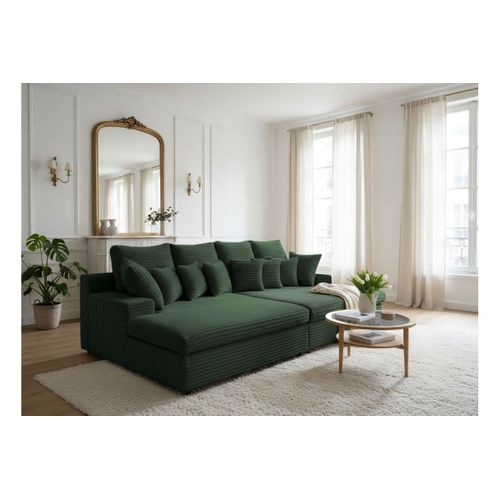 Canapé Droit 4 Places Fluffy Double Méridienne Et Assise Profonde En Velours Côtelé - Vert Foncé