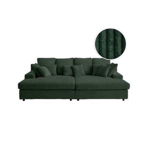 Canapé Droit 4 Places Fluffy Double Méridienne Et Assise Profonde En Velours Côtelé - Vert Foncé